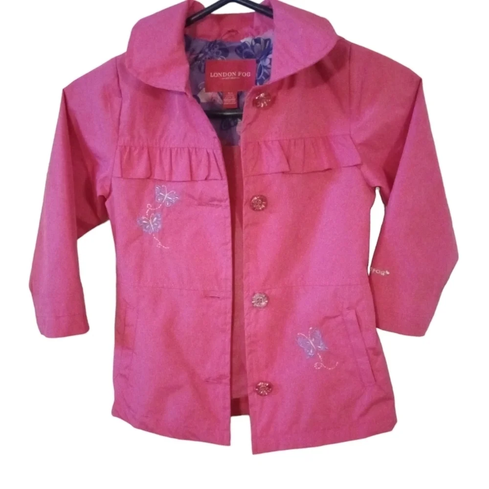 Butterfly Girl's Raincoat London Fog Pink w. Purple Butterfly Lining Hooded Sz 4